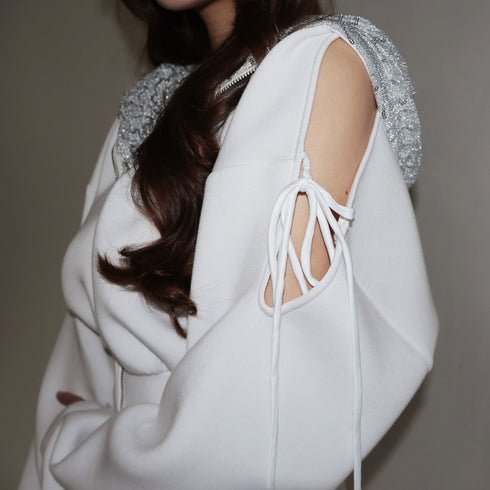 Shoulder cutout sequin sweatshirt setup